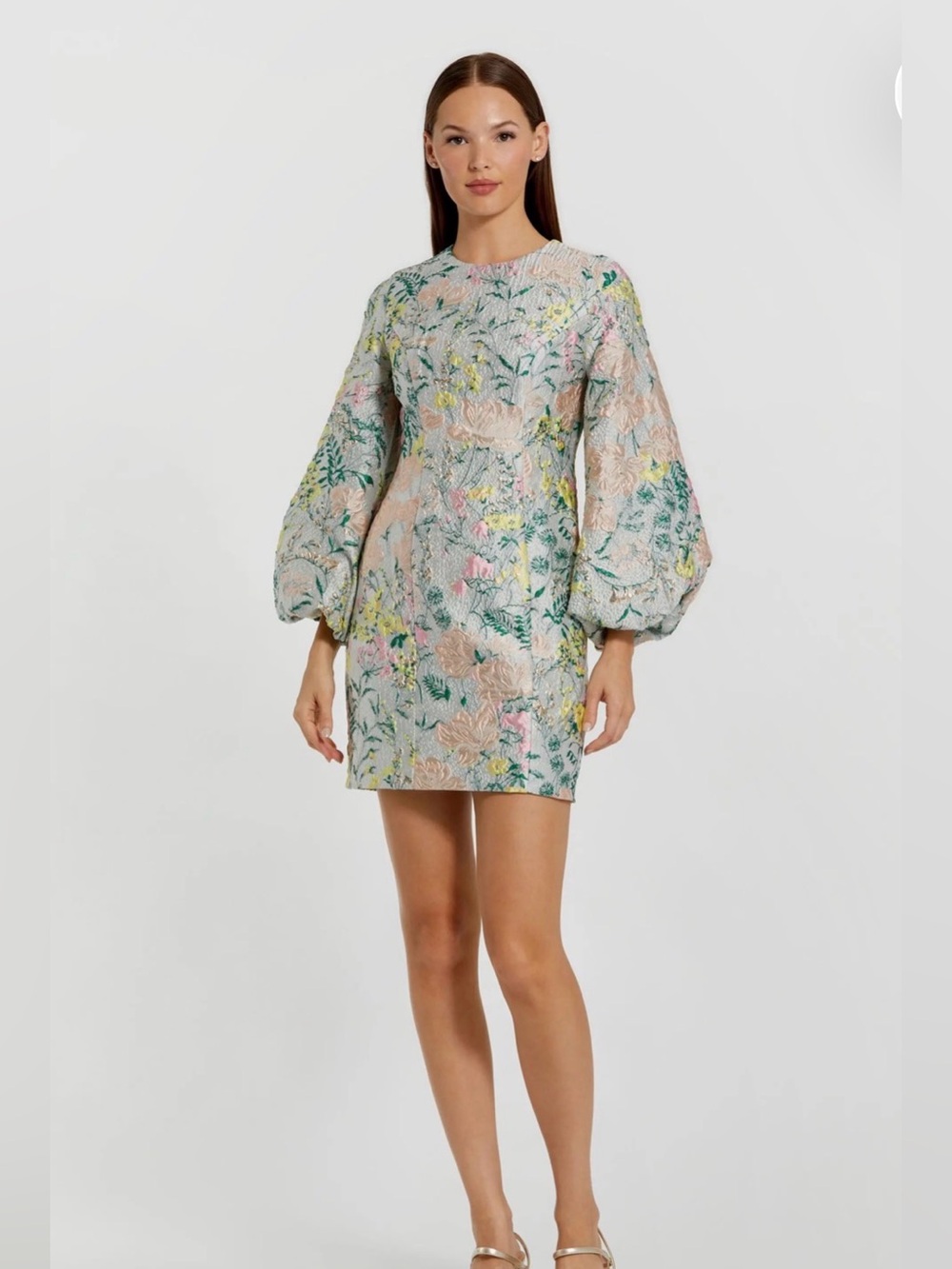 Mac Duggal Floral Brocade Puff Sleeve Mini Dress Pastel Multi Size 2